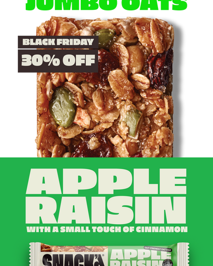 Apple Raisin oat bar with juicy raisins, sweet apple, and jumbo oats. Chewy and natural high-fibre snack bar with a touch of cinnamon. Packaging shows 'SNACK Apple Raisin' branding and 16 bars per pack. Delicious and gut-friendly oat bar made with wholesome ingredients.