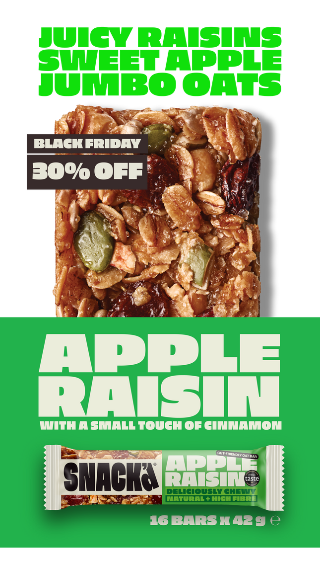 Apple Raisin oat bar with juicy raisins, sweet apple, and jumbo oats. Chewy and natural high-fibre snack bar with a touch of cinnamon. Packaging shows 'SNACK Apple Raisin' branding and 16 bars per pack. Delicious and gut-friendly oat bar made with wholesome ingredients.