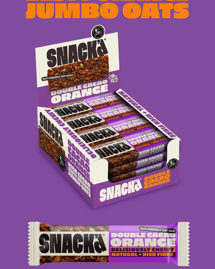 SnackCo Double Cacao Orange gut-friendly oat bar, a high fibre and natural oat bar for better snacking without artificial ingredients.