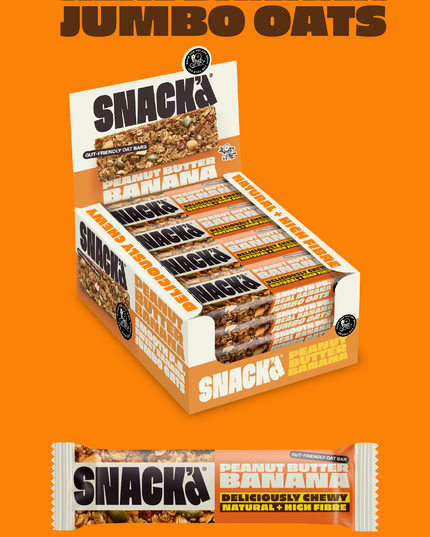 Multipack display box of SnackCo Peanut Butter Banana gut-friendly oat bars, showing 16 individual bars in their packaging. The bars are deliciously chewy and high in fibre