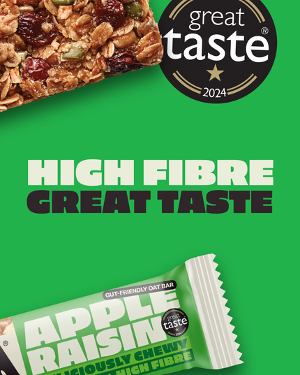 Award-winning SnackCo Apple Raisin Cinnamon gut-friendly oat bar. The image features the 'Great Taste 2024' award logo, signifying a high fibre and delicious snack bar