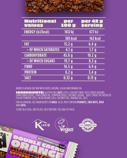 SNACK Double Cacao Orange oat bar nutritional values and ingredients. Vegan, halal, and high-fibre bar made with gluten-free oats, cacao, orange oil, and seeds. 162 kcal per serving and 6.9g fibre per bar.