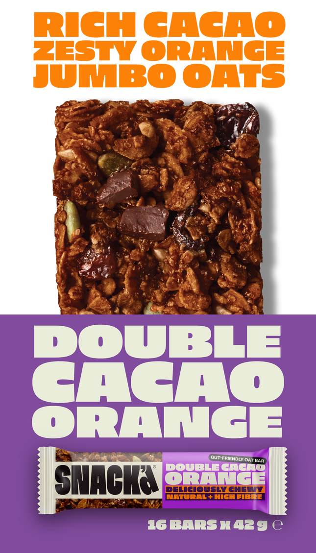 SNACK Double Cacao Orange oat bar made with rich cacao, zesty orange, and jumbo oats. Chewy, high-fibre, and natural oat snack bar with a bold chocolate-orange flavour. Gut-friendly and full of wholesome ingredients.