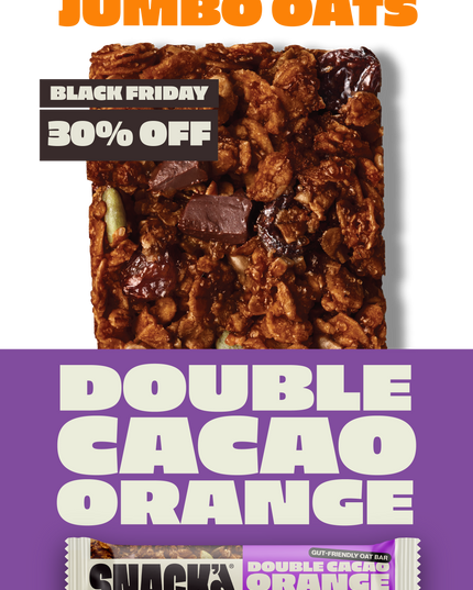 SNACK Double Cacao Orange oat bar made with rich cacao, zesty orange, and jumbo oats. Chewy, high-fibre, and natural oat snack bar with a bold chocolate-orange flavour. Gut-friendly and full of wholesome ingredients.