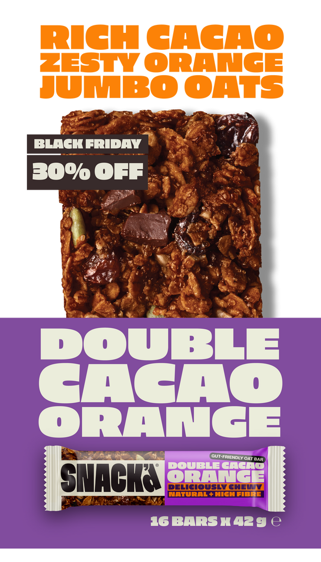 SNACK Double Cacao Orange oat bar made with rich cacao, zesty orange, and jumbo oats. Chewy, high-fibre, and natural oat snack bar with a bold chocolate-orange flavour. Gut-friendly and full of wholesome ingredients.