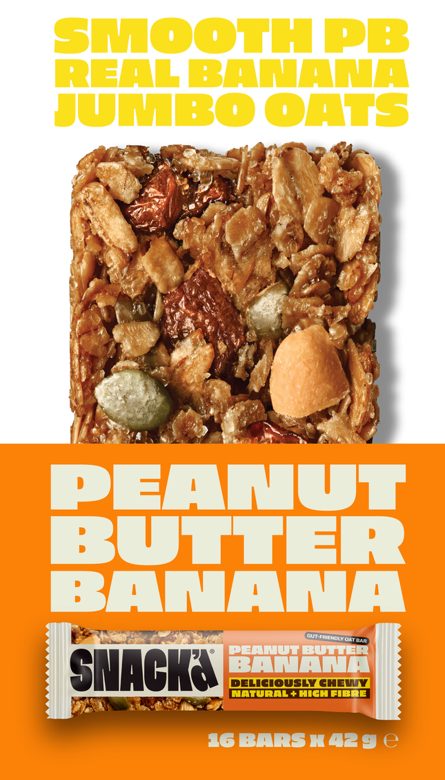 SNACK Peanut Butter Banana oat bar made with smooth peanut butter, real banana, and jumbo oats. Deliciously chewy, natural, and high-fibre snack bar. Packed with protein and made for gut-friendly energy snacking.