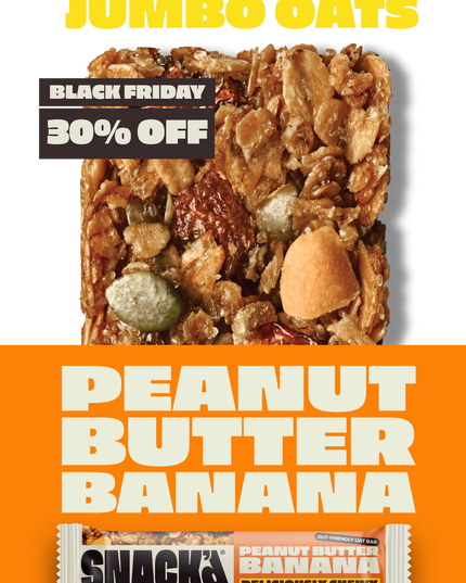 SNACK Peanut Butter Banana oat bar made with smooth peanut butter, real banana, and jumbo oats. Deliciously chewy, natural, and high-fibre snack bar. Packed with protein and made for gut-friendly energy snacking.