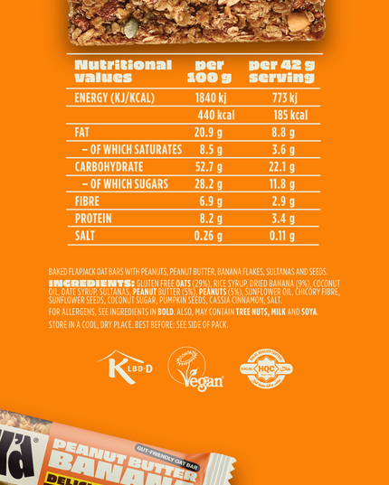 SNACK Peanut Butter Banana oat bar nutritional values and ingredients. Chewy oat bar made with peanuts, peanut butter, banana flakes, and seeds. Vegan, halal, and high-fibre snack with 185 kcal per bar