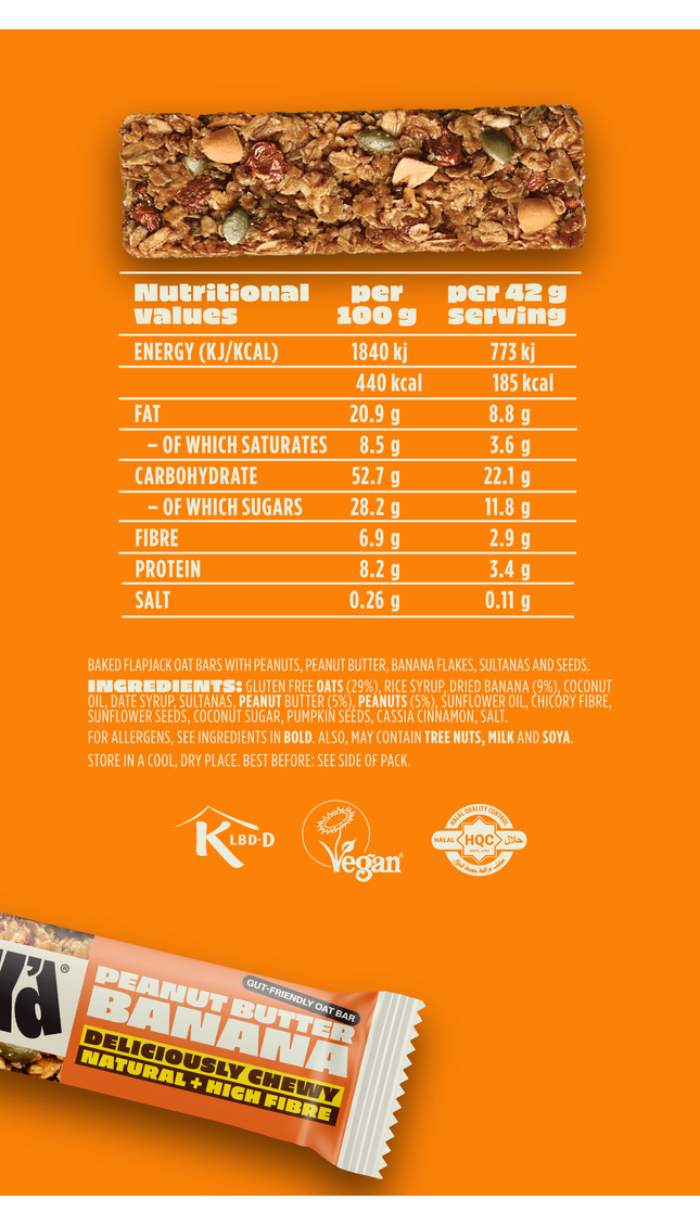 SNACK Peanut Butter Banana oat bar nutritional values and ingredients. Chewy oat bar made with peanuts, peanut butter, banana flakes, and seeds. Vegan, halal, and high-fibre snack with 185 kcal per bar