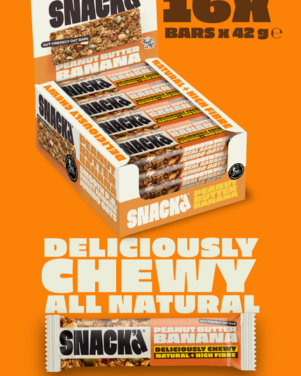 Box of 16 SNACK Peanut Butter Banana oat bars. Natural and high-fibre chewy snack made with smooth peanut butter, banana, and jumbo oats. Perfect protein-packed healthy snack bar for energy and gut health