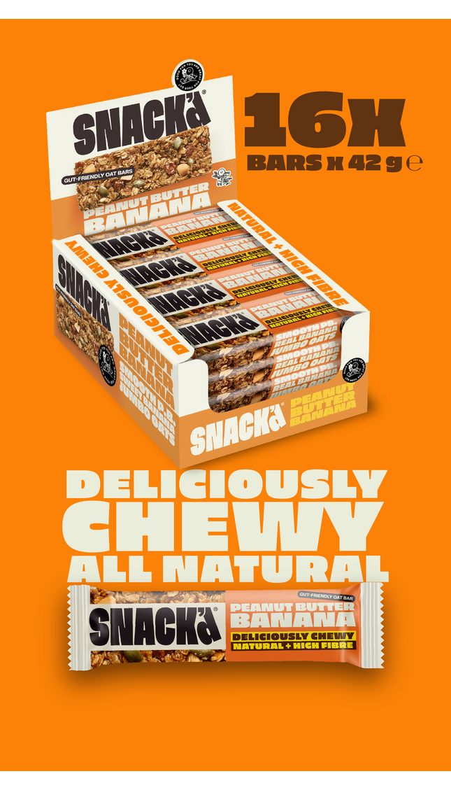 Box of 16 SNACK Peanut Butter Banana oat bars. Natural and high-fibre chewy snack made with smooth peanut butter, banana, and jumbo oats. Perfect protein-packed healthy snack bar for energy and gut health