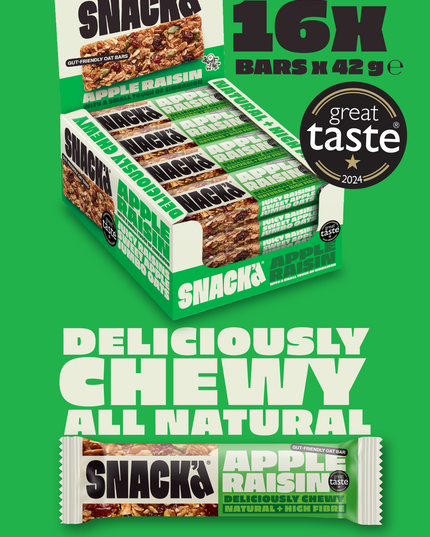 Box of 16 Apple Raisin oat bars by SNACK. Chewy, all-natural, high-fibre snack bars made with juicy raisins, sweet apple, and jumbo oats. Great Taste Award 2024 winner. Perfect healthy oat snack bar for energy, gut-friendly and naturally deliciouss